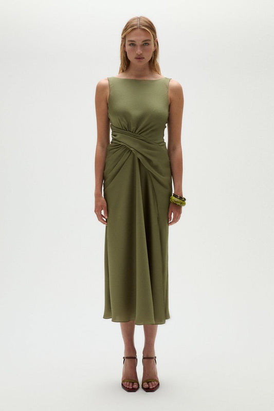 Draped Silk Midi Dress - Olive