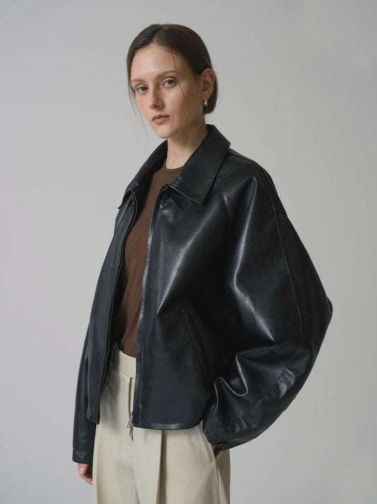 Cropped Leather Moto Jacket - Black