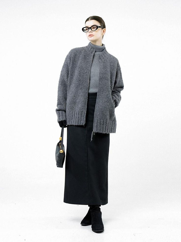 Boucle Knit Cardigan - Charcoal